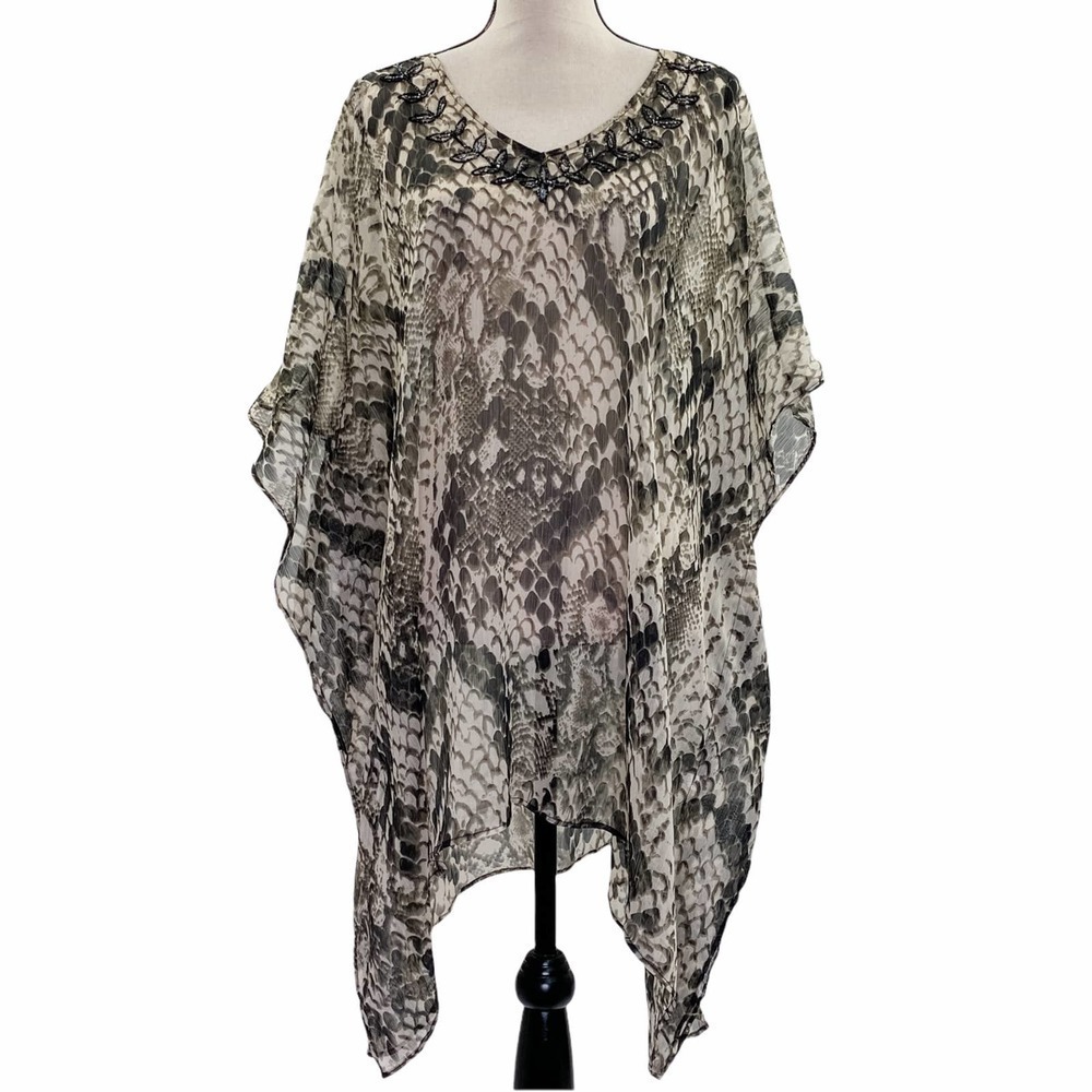 SNAKESKIN Print Embroidered Boxy Poncho Blouse